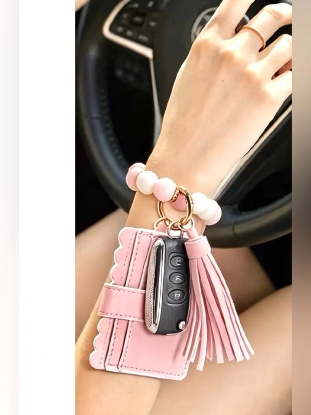 Blush Pink Silicone Beaded Tassel Wristlet Cardholder Keyring - New